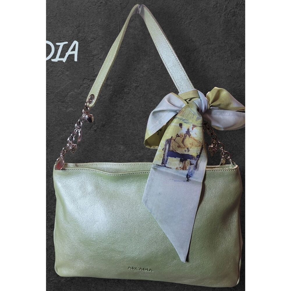 Arcadia Light Shimmer Green Leather Shoulder Bag with Scarf